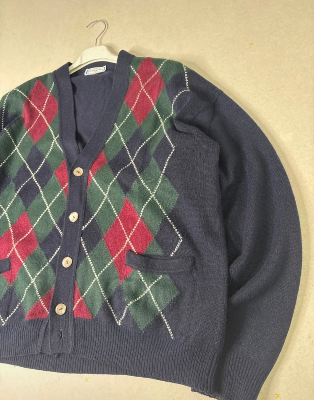 Cardigan Vintage Yves Saint Laurent (YSL) Tricots a Rombi - Made in Italy - Blu Marino, Verde, Rosso