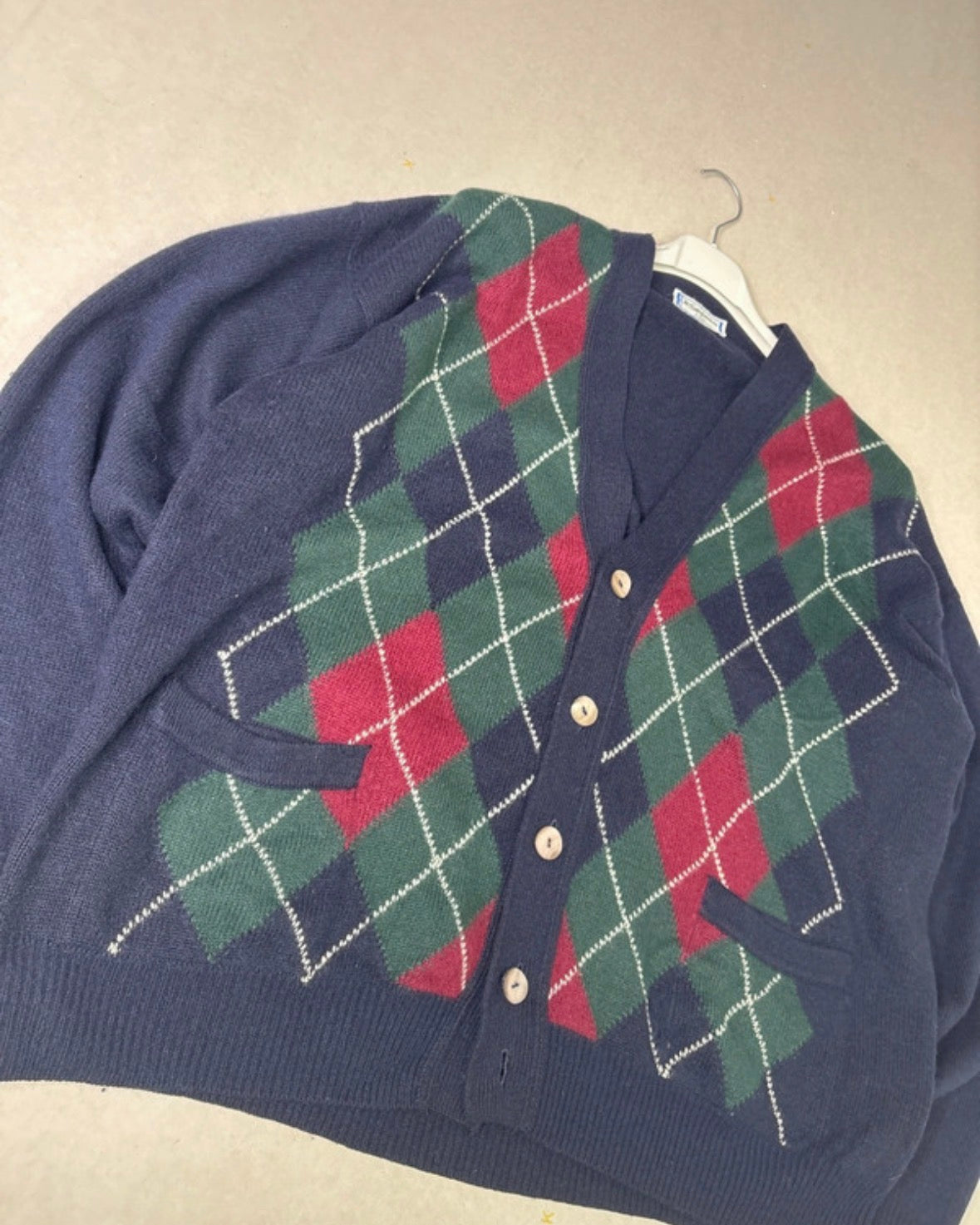 Cardigan Vintage Yves Saint Laurent (YSL) Tricots a Rombi - Made in Italy - Blu Marino, Verde, Rosso
