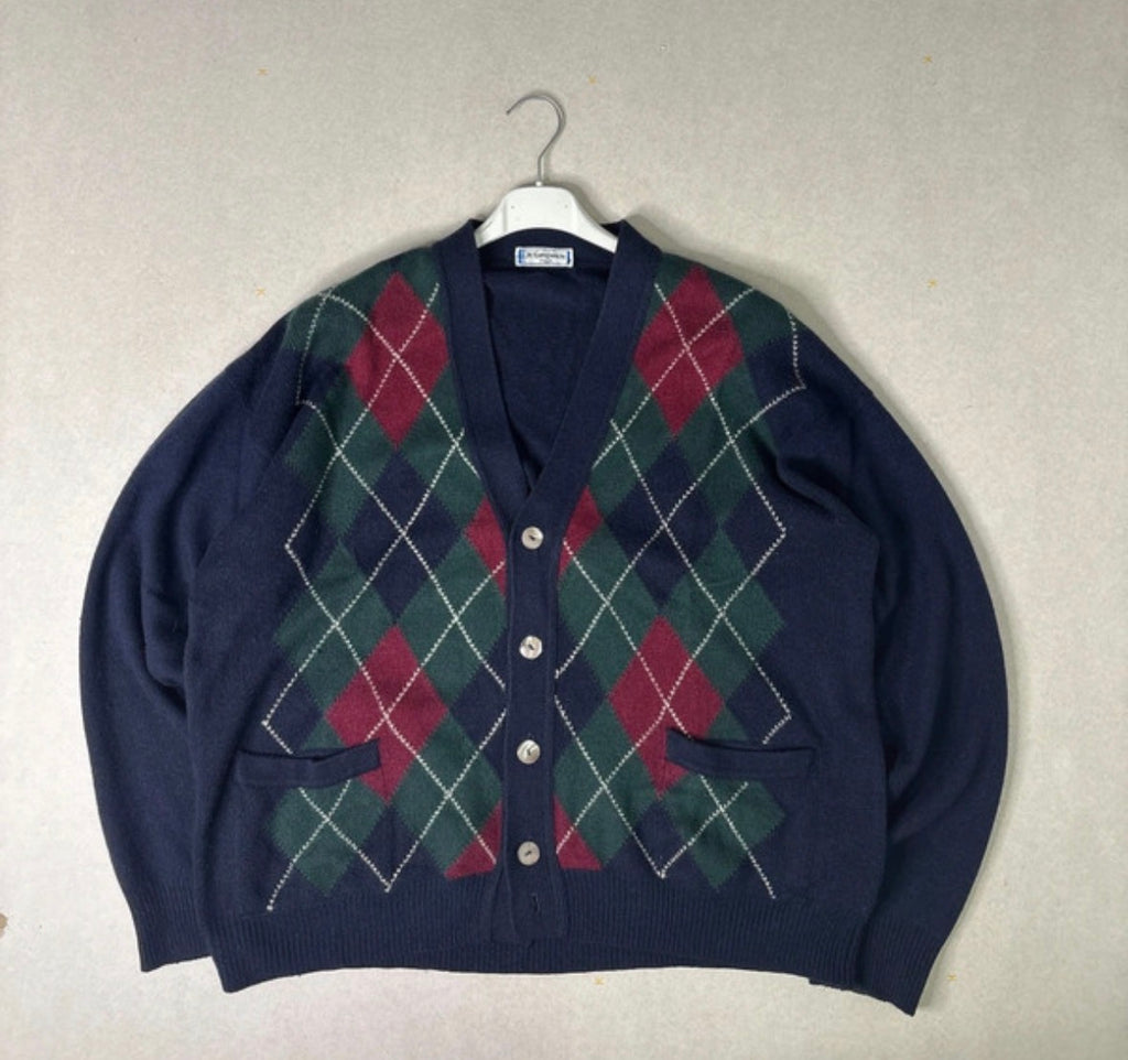 Cardigan Vintage Yves Saint Laurent (YSL) Tricots a Rombi - Made in Italy - Blu Marino, Verde, Rosso